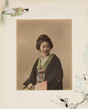 (JAPAN--TAMAMURA) A red lacquer album with 50 hand-colored photographs of beautiful geishas, flowering gardens, wooded landscapes, and